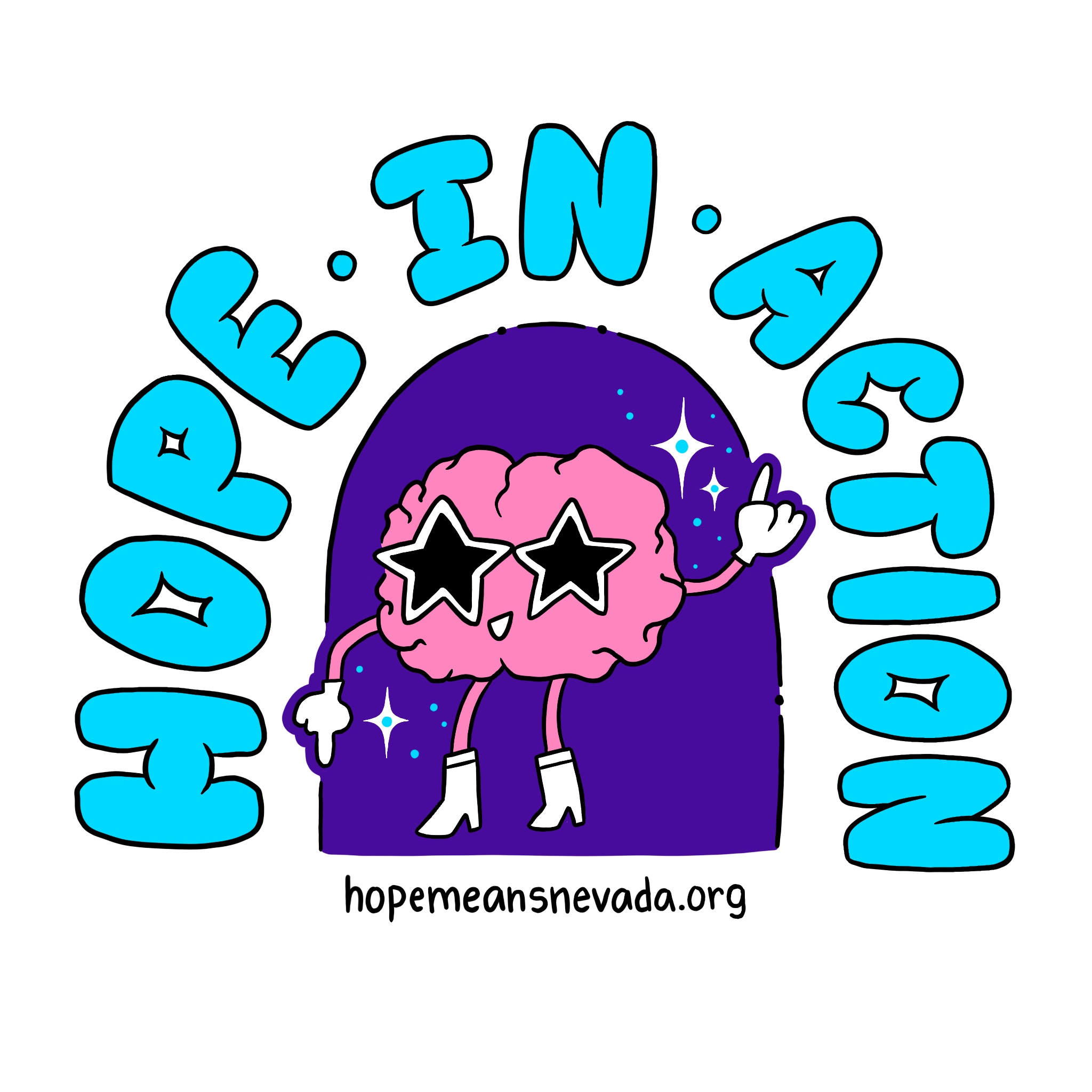 Cartoon brain with star glasses and boots, next to Hope In Action text; hopemeansnevada.org at the bottom.