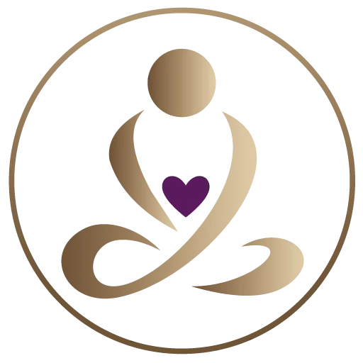 Gold abstract figure meditating with a purple heart at the center, enclosed in a circular border.
