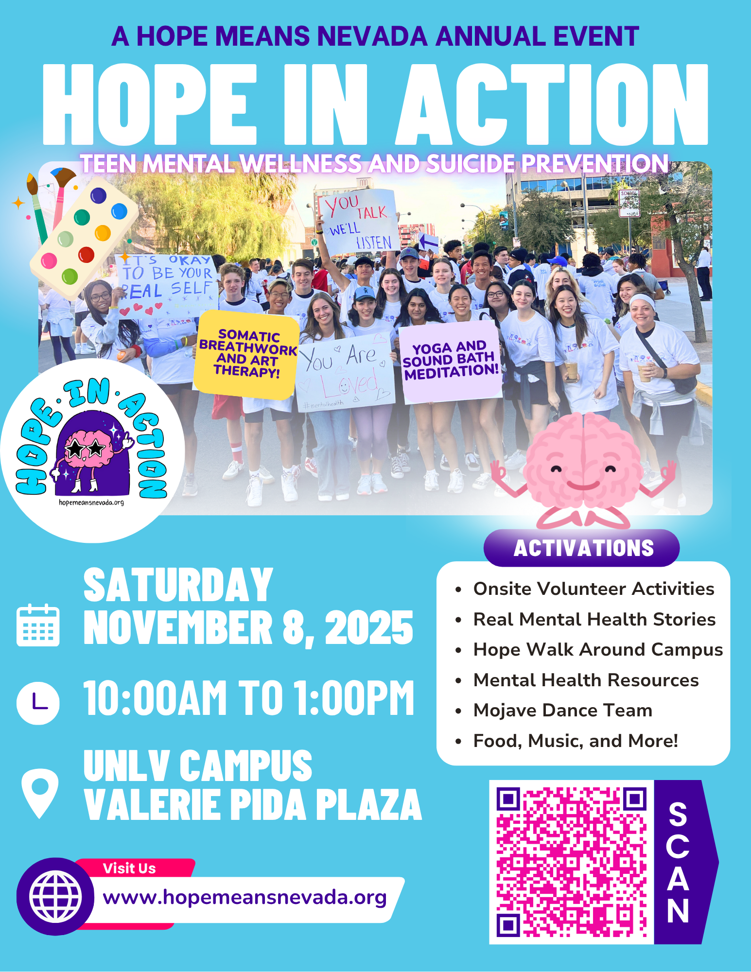 A diverse group of teens holds mental health signs at an outdoor wellness event with activity details listed.