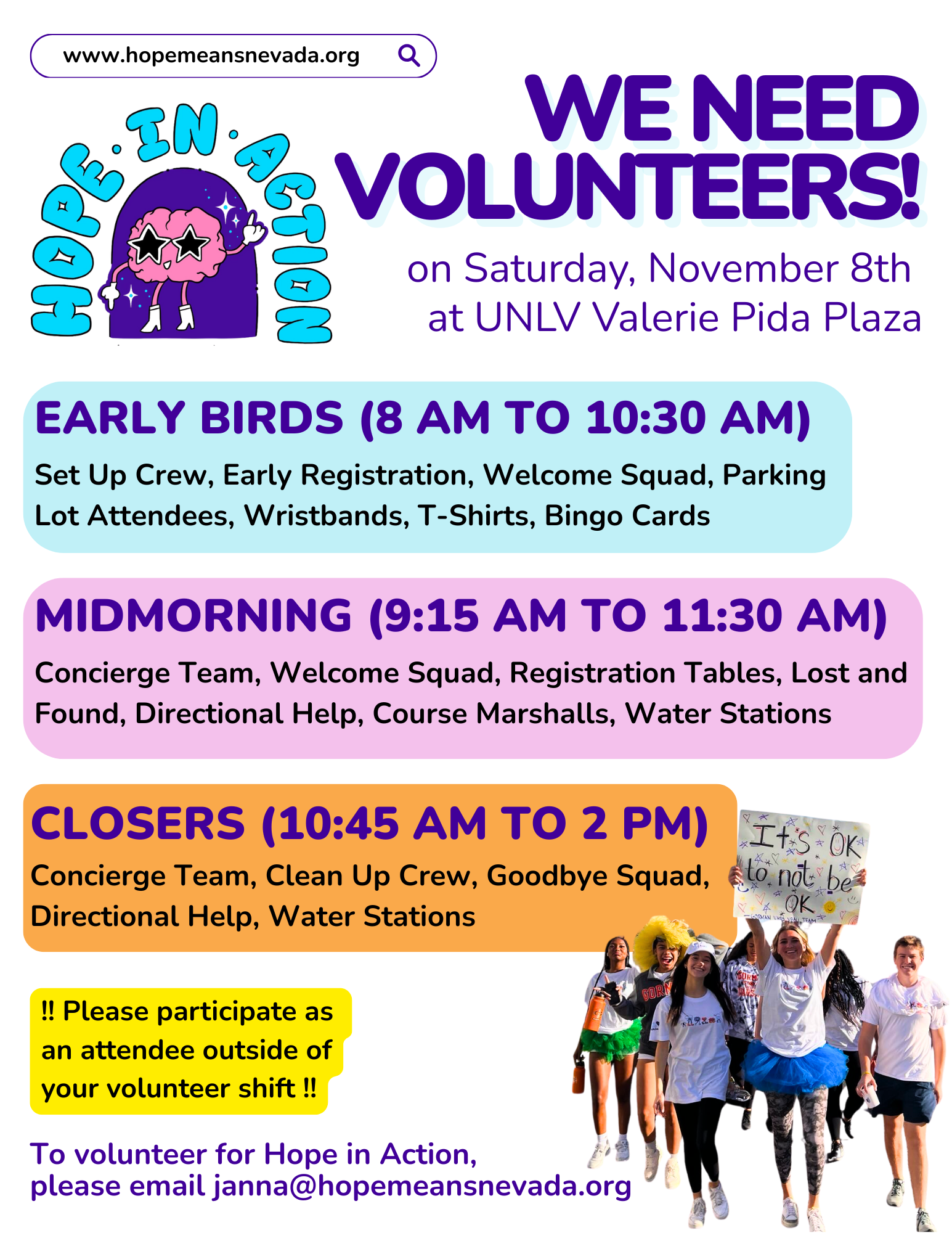 Colorful volunteer recruitment flyer for Hope in Action event with schedule and contact info, featuring diverse people.