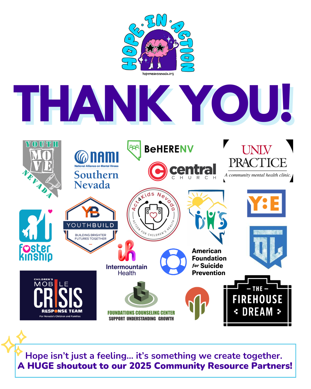 Colorful Thank You! with 19 partner logos and Hope In Action at the top, plus a purple note at the bottom.