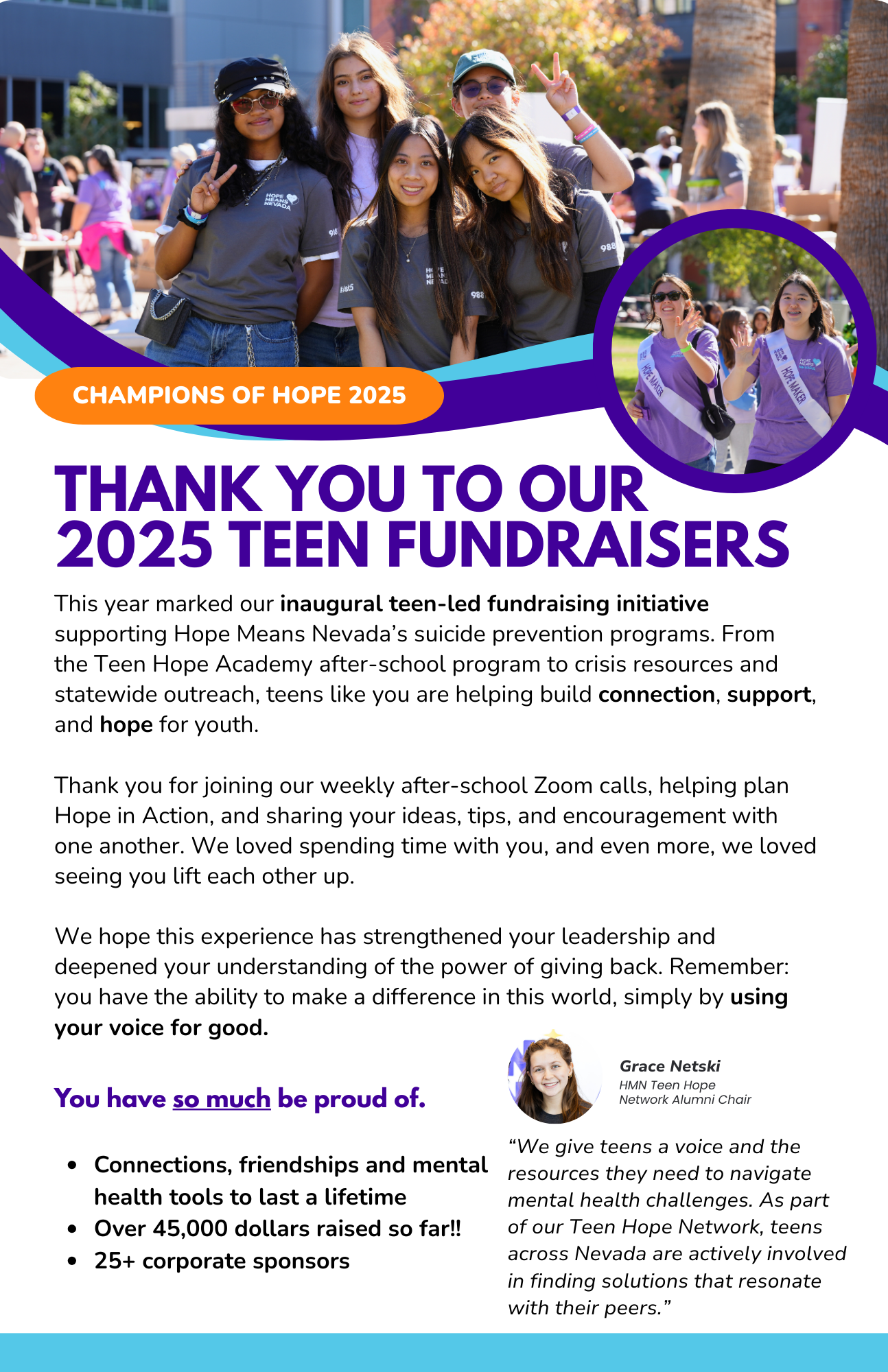 A diverse group of teens in purple sashes smile and pose together outdoors at a fundraising event.