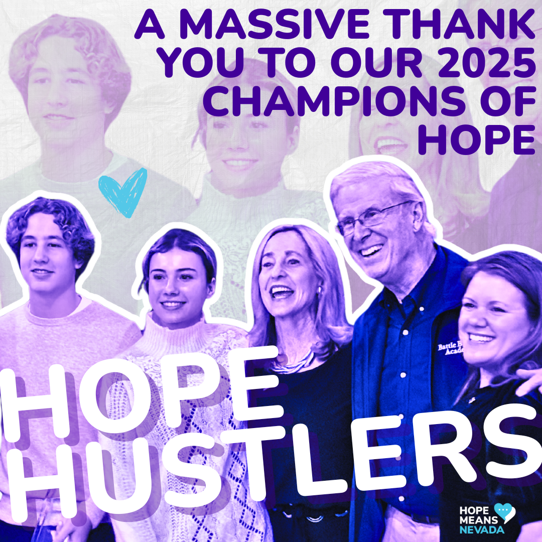 Five smiling people pose together with Hope Hustlers and Thank you to our 2025 Champions of Hope text above.