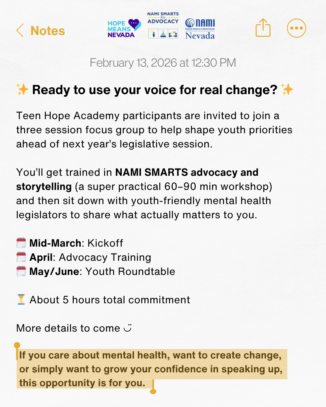 A digital note details a youth advocacy program with dates, icons, and a highlighted message about mental health.