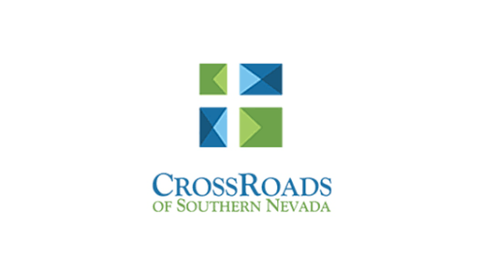 Logo for CrossRoads of Southern Nevada with four green and blue geometric squares above the organization name.