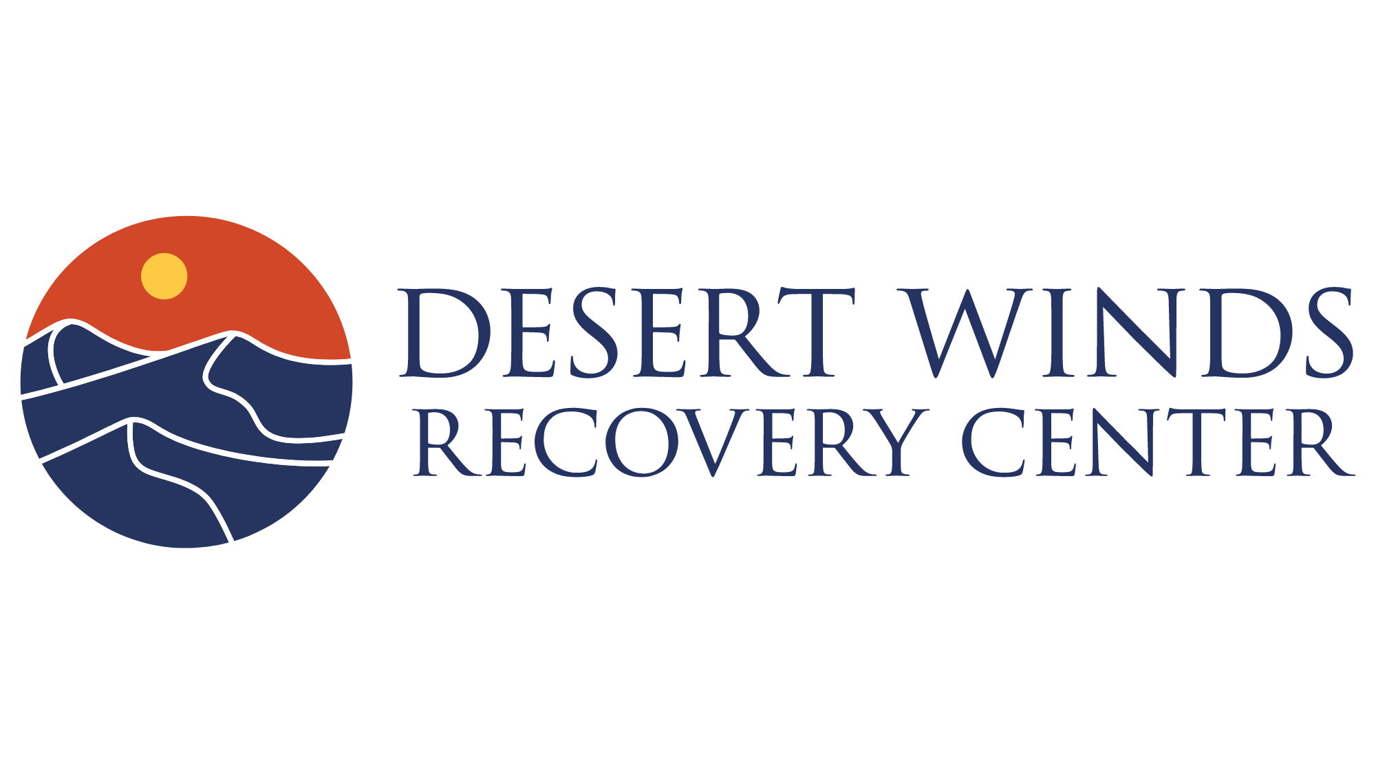 Logo with stylized mountains and sun, and text Desert Winds Recovery Center in blue.