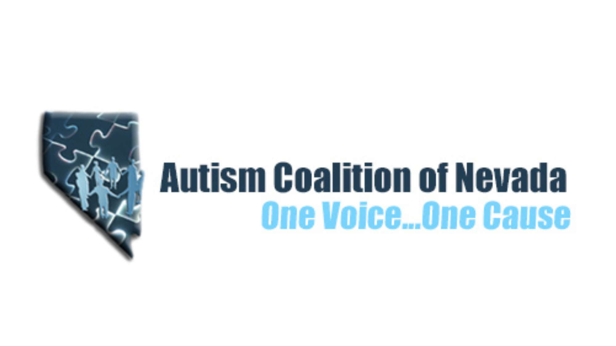 Logo with Nevada state puzzle piece, people, and text: Autism Coalition of Nevada. One Voice...One Cause.