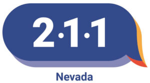 Blue speech bubble with 2-1-1 in white text and Nevada below; small orange and red accent on the side.