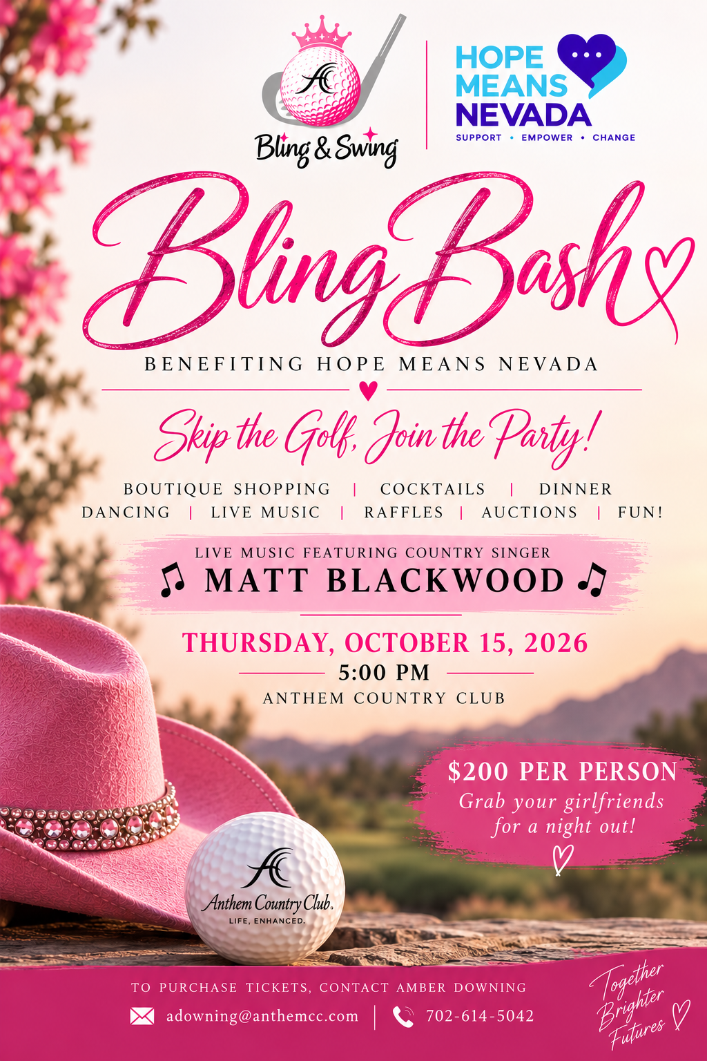 Pink-themed flyer for a charity event with details, flowers, and a country club in the background.