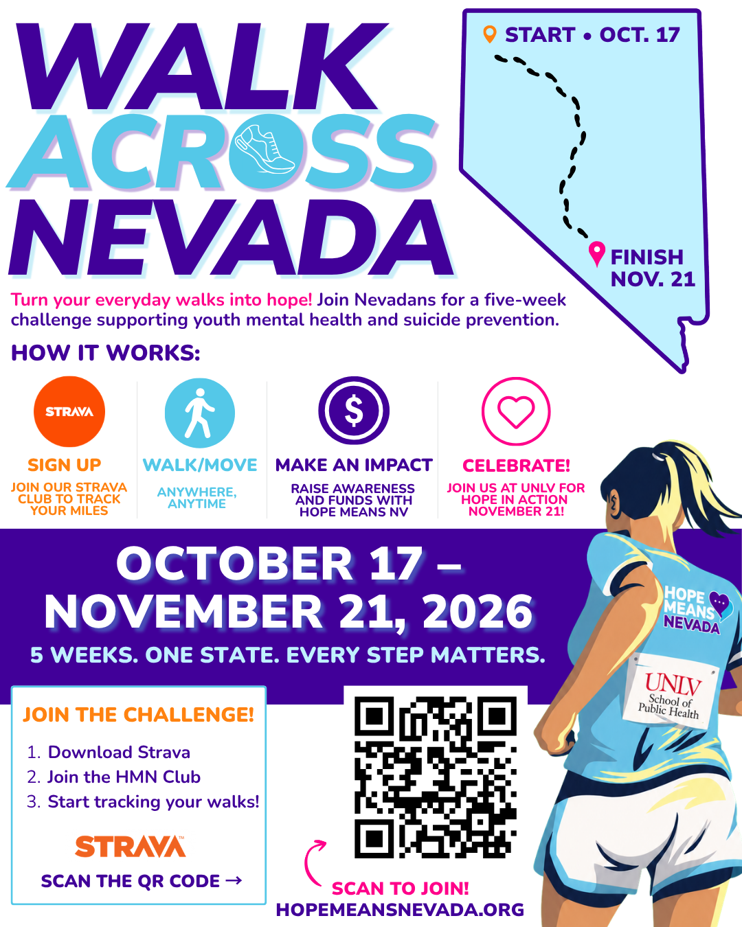 Event flyer: Walk Across Nevada with dates, key steps, and graphics of a runner and Nevada map with start/finish points.